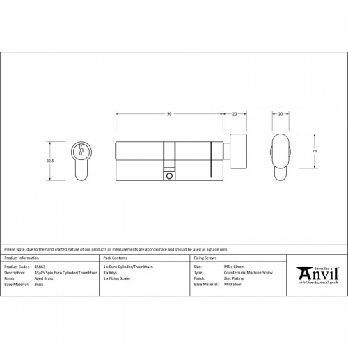 Aged Brass 45/45 5pin Euro Cylinder/Thumbturn